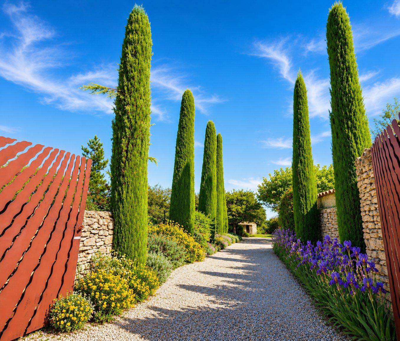 Cypress trees by the gate of the villa