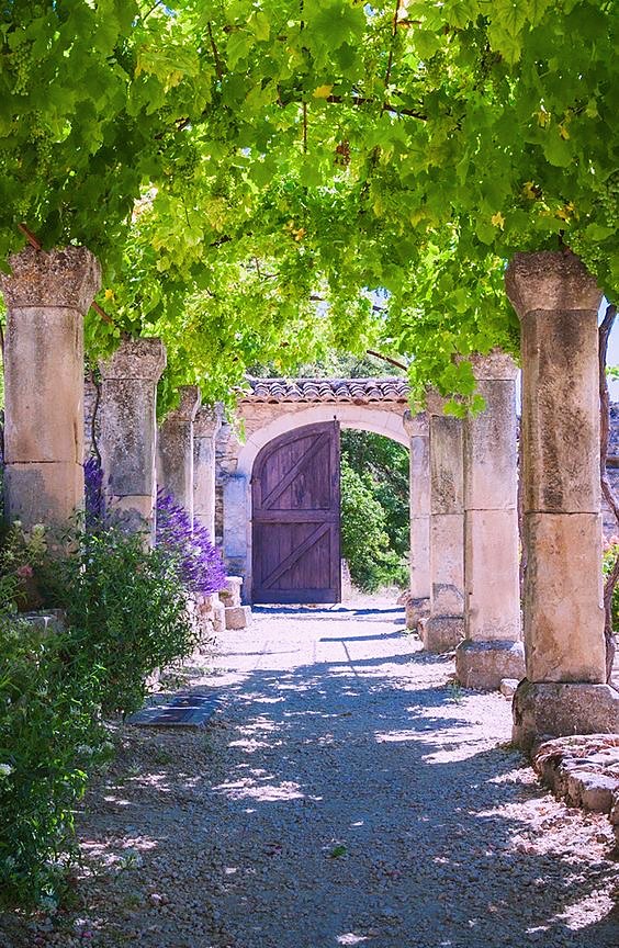 Vine-covered stone pergola leading to an old wooden gate