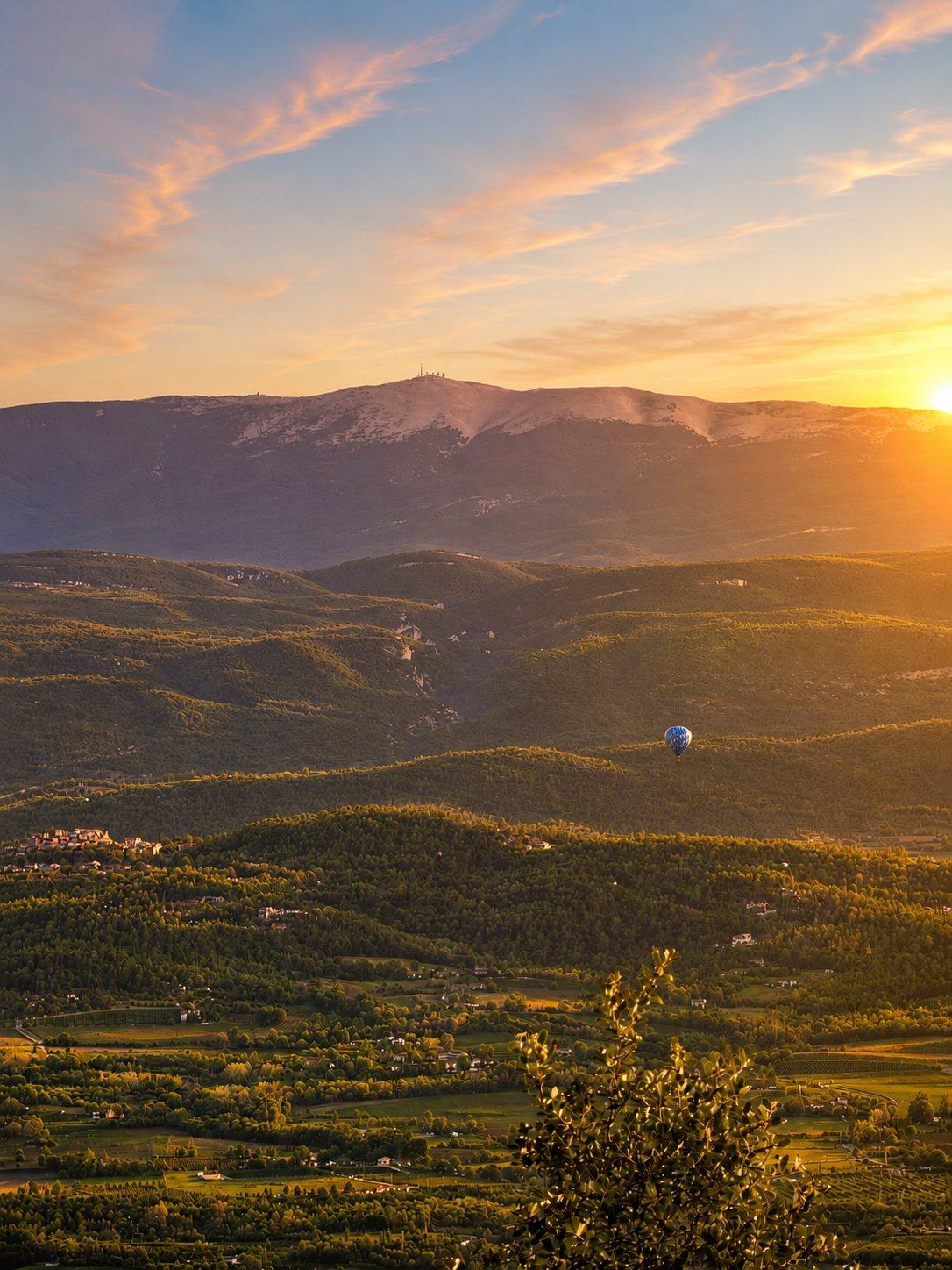 Sunset view across the Luberon valley to Mont Ventoux from the villa